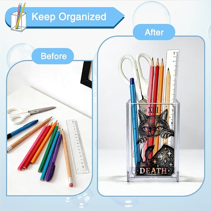 Death Tarot Card Acrylic Pen Holder, Gothic Black Cat Desk Pencil Cup Organizer, Halloween Office Decor Accessory, Halloween Witchy Gifts for Women Student Tracher Tarot Reader Cat Lover