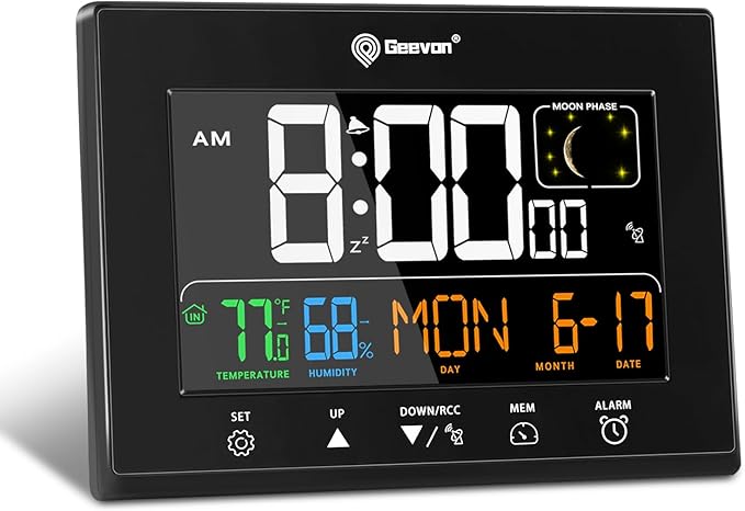 Geevon Digital Atomic Alarm Clocks with 2 USB Ports for Seniors Elderly | Battery Color VA Display Wall Clock with Indoor Temperature and Humidity, DST, Calendar, and Moon Phases for Bedrooms