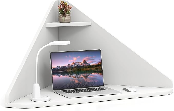 GOFLAME Floating Corner Desk, Wall Mounted Triangular Computer Desk w/Storage Shelf, Space-Saving Design, 90° Wooden Floating Home Office Desk for Writing, Working, Studying (White)