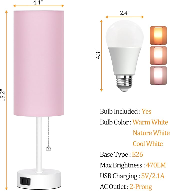 Dott Arts Table Lamp for Bedroom, 3-Color Bedside Lamps with Pull Chain, Bedroom Table Lamps for Nightstand,AC Outlet Small Lamp for Living Room, Bulb Included Pink
