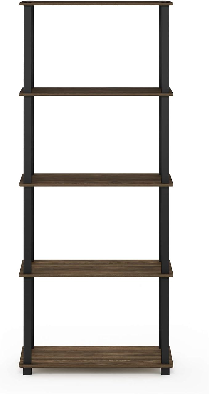 Furinno TURN-S-TUBE Book Shelf, 5-Tier Toolless Storage Shelves with Square Tubes, Shelving Unit for Organization and Storage for Living Room, Home Office, Columbia Walnut