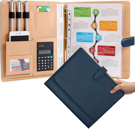 A4 Leather Padfolio with 3 Ring Portfolio Binder with Clipboard Padfolio for Women Men Professional Office Three Binders Organizer with Calculator Planner Portfolio Executive Closure Notebook Folder