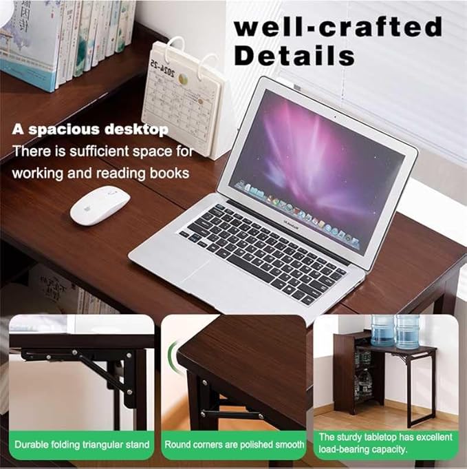 Bamboo Folding Out Desk with Storage Shelves, Expandable Hidden Computer Desk, Foldable Space-Saving Pull Out Murphy Table, Writing Table for Home Office Bedroom Small Spaces (Walnut)