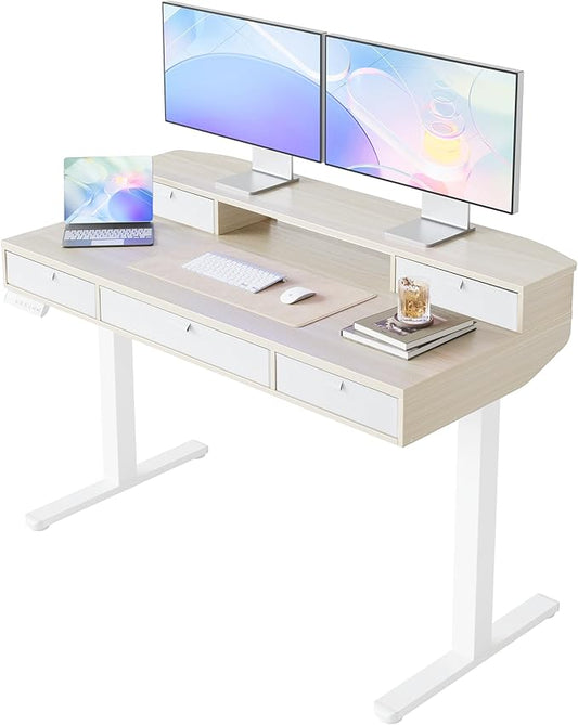 HUANUO 48 x 24 Inch Electric Standing Desk with 4 Drawers, Natural | 4 Drawers For Organized Storage, Raised Monitor Shelf, C-Clamp Mount Support, 4 Memory Presets, 28.3–46.5 Inch Height Range