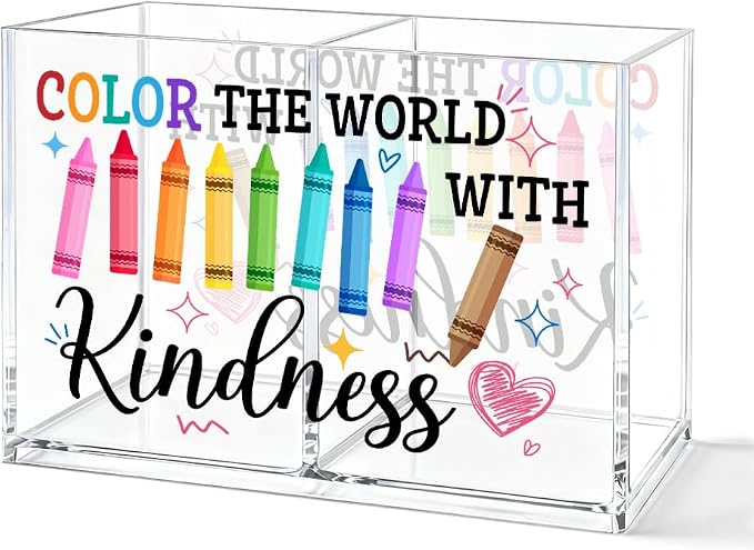Color The World With Kindness Cosmetic Organizer Pen Holder, Be Kind Pencil Holder 2 Compartments, Kindness Office Desk Accessory for Teacher, Office Back to School Gifts for Counselor Mentor