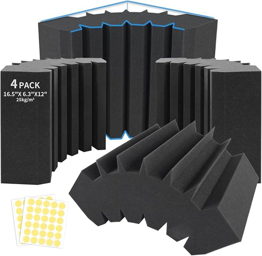 Focusound 4 Pack Bass Traps Corner Acoustic Foam Corner 16.5" X 6.3" X 12" Acoustic Foam Panels Soundproof Padding Wall Panel Corner Block for Home Studio and Theater