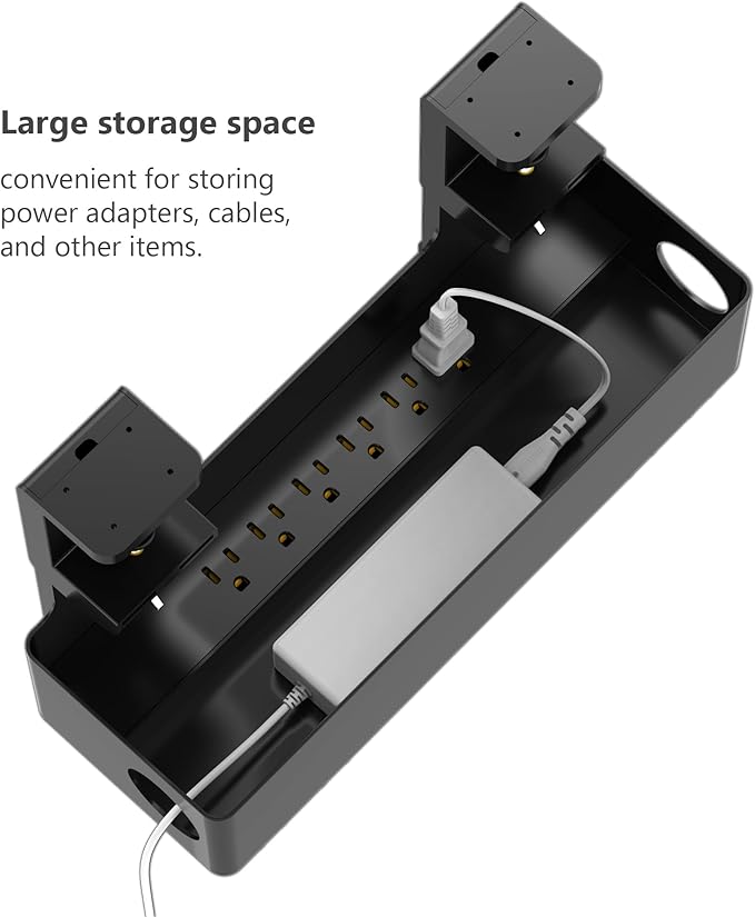 Under Desk Cable Management Tray with 6 AC Power Outlet and Clamp Mount, No Drill Cord Storage Organizers for Wire Management, Standing Desk, Computer Cord Rack for Office & Home (Black)
