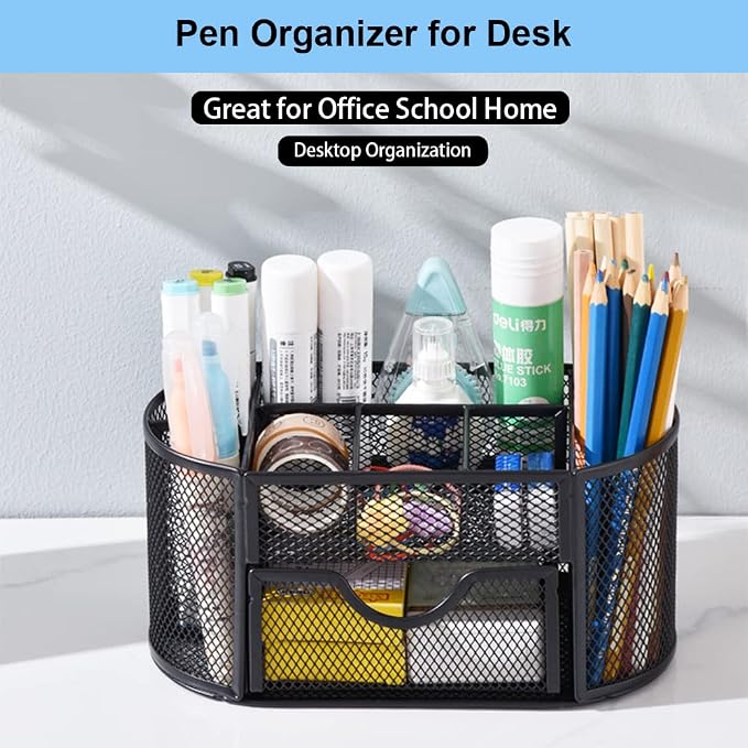Desk Organizer Stationery Storage, Pencil Holder for Desk, Wire Mesh Office Supplies Desk Accessories Workspace Organizers with 9 Compartments and Mini Drawer (Black)
