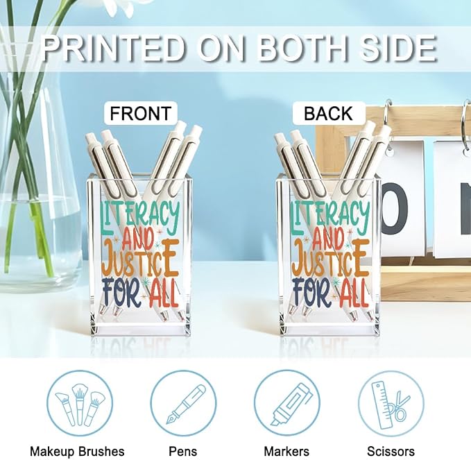 Literacy And Justice For All Acrylic Makeup Brush Pencil Holder Cup | Social Justice Gifts for Women Sister Friend Coworker, Stop Book Banning Protect Librarian, Pen Holder for Desk Accessories