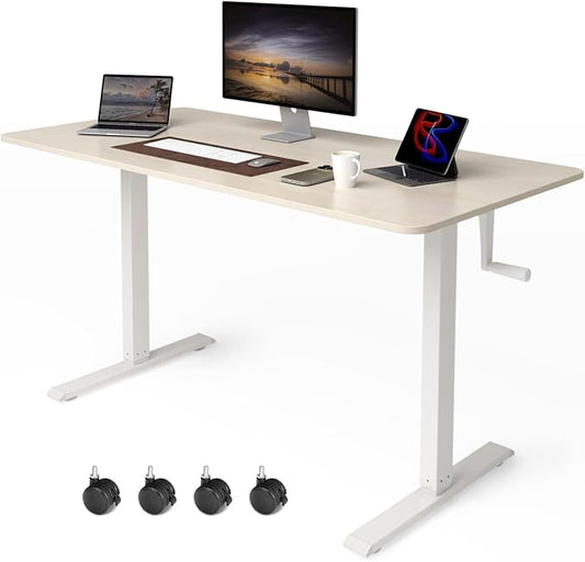 Whole Piece Manual Standing Desk Adjustable Height with Lockable Casters- Hand Crank Stand up Desk with Wheels, Mobile Sit to Stand Workstation with Handle