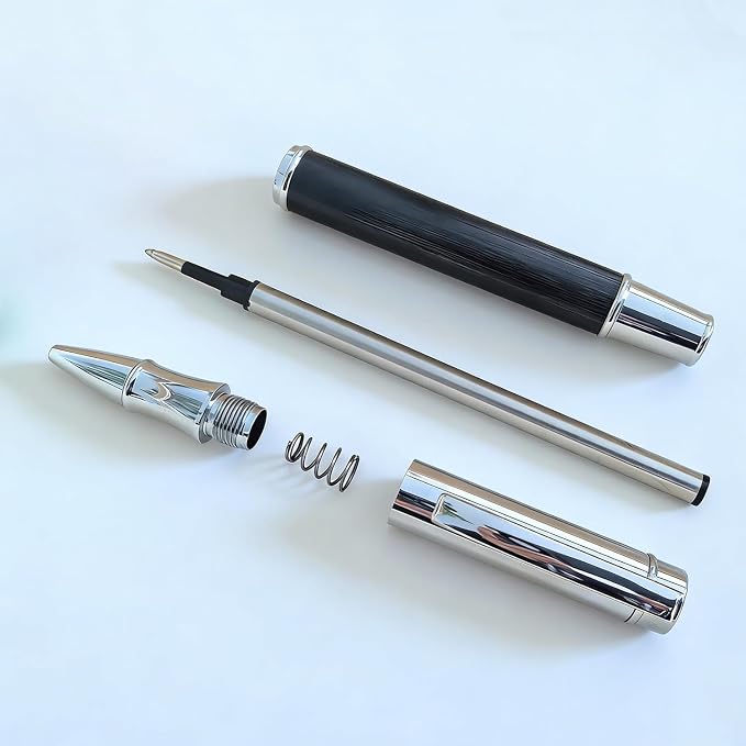 Brushed Metal Black Rollerball Pen - 0.5mm Fine Point Executive Writing Pen for Men & Women, Professional Signature Pen for Business Office & Journaling, Luxury Stationery Gift with Metal Case