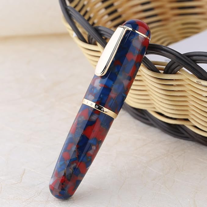 Lanxivi Majohn Q1 Fountain Pen Fine Point Blue Red Acrylic, Eyedropper Filling Pocket Pen Large Capacity