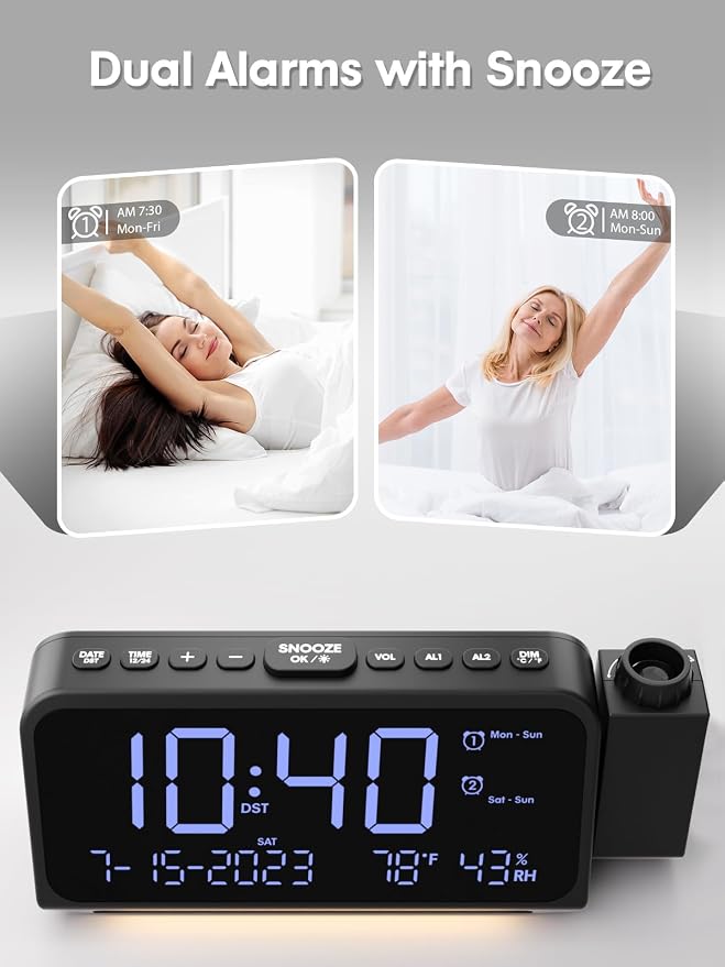 ROCAM Projection Alarm Clock with 180° Ceiling Projector & Digital Display | 5-Level Dimmer, Dual Alarms, Night Light, Temp & Humidity Display, Weekday/Weekend Mode, DST, Snooze Function for bedroom