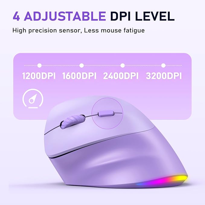 MEETION Left-Handed Mouse, Ergonomic Mouse Wireless Vertical Mouse, RGB Rechargeable Mice for Bluetooth(5.2 + 3.0) & USB, 4 Adjustable DPI for Mac/Windows/PC/Tablet/iPad Purple
