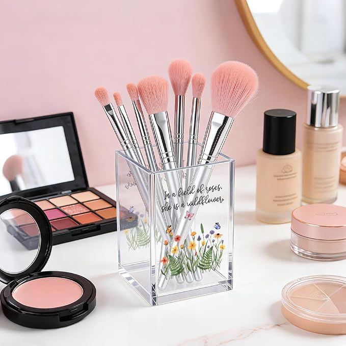 In A Field Of Roses She Is A Wildflower Acrylic Pencil Pen Holder Cup, Wildflower Makeup Brush Storage Organizer, Women Affirmation Desk Accessories Holder, Graduation Gifts for Daughter Niece
