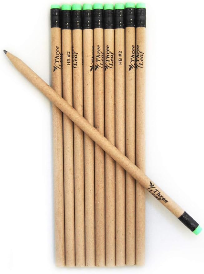 three leaf Recycled Paper Pencils (Pack of 10) - 100% Eco Friendly, Earth Friendly Pencil with Latex Free Eraser - Non toxic Wood free Pencil, 2 HB