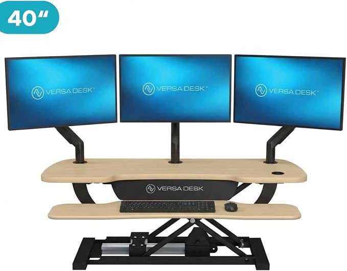 VERSADESK PowerPro 48 Inch Electric Standing Desk Converter – Push-Button Height Adjustable Sit to Stand Desk Riser for Multiple Monitors – Motorized Desktop Workstation with Wide Keyboard Tray