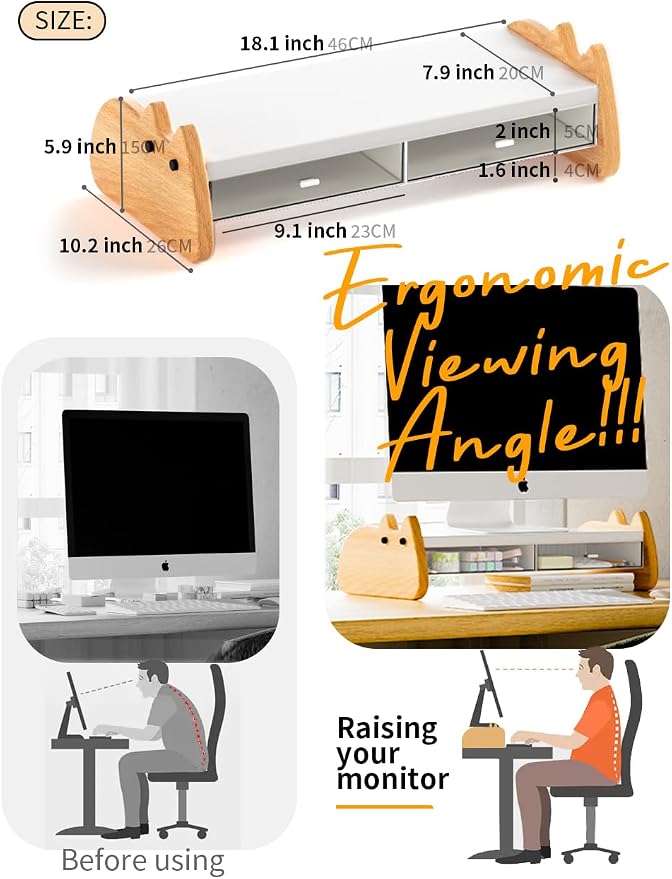 AFOOYO Monitor Stand Riser,Wooden & MDF Computer Desktop Stand with Acrylic Drawer,Laptop Stand Riser Holder ,Table Holder Desk Organizer Storage Stand for Laptop,Printer,TV,15.7 inch,Cute Cat