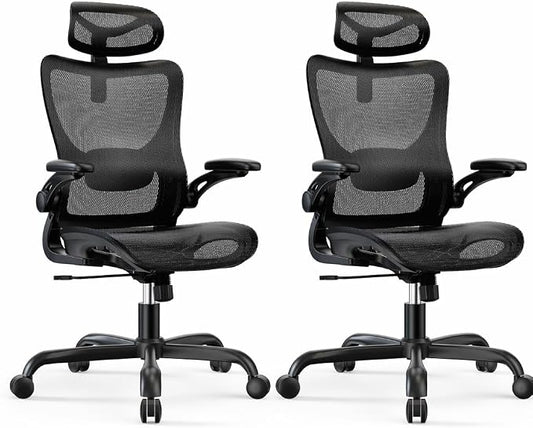 Marsail Ergonomic Mesh Office Chair with Adjustable Lumbar Support, 2 | 3D flip-up armrests, 2D headrest, breathable mesh back, reclining function, smooth-rolling casters, height adjustment