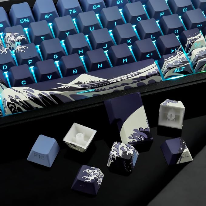 PBT Key caps Custom Cool Wave of Kanagawa Dark Blue Keycaps Keyboard | Tsungup Keycaps 75 Percent,131 Keys Dye Sub Side Print Shine Through Keycap Set,Cherry Key Caps for Mechanical Keyboard