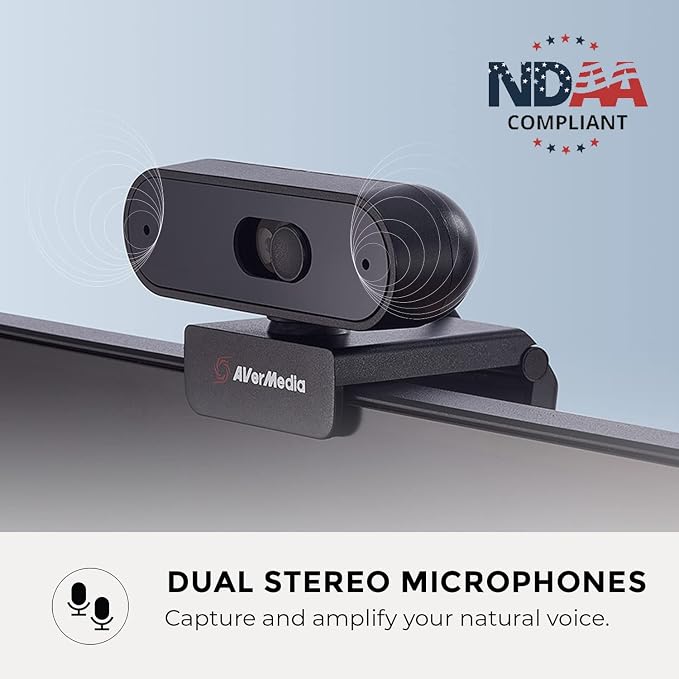 AVerMedia PW310P Webcam - Full 1080p 30fps HD Camera with Autofocus and Dual Stereo Microphones, Work from Home, Remote Learning - NDAA Compliant