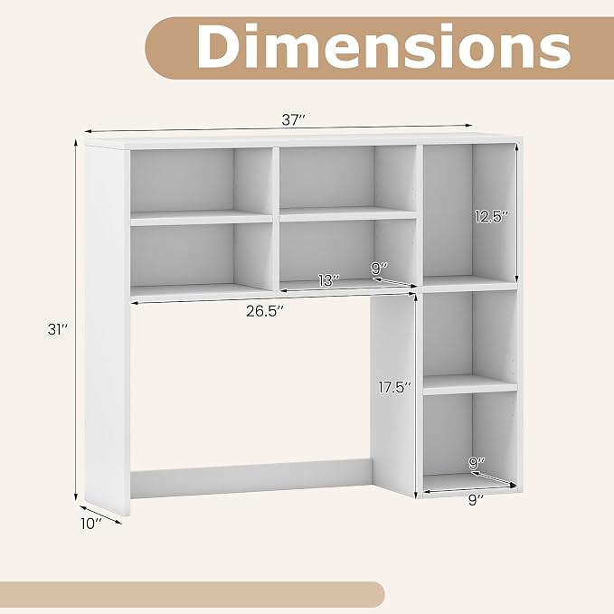 Tangkula Desktop Bookshelf, 37" Countertop Storage Hutch with 7 Cubes & 3 Adjustable Shelves, 3-Tier Desk Display Rack Organizer, Multipurpose Wood Desktop Hutch for Dorm Home Office (White)
