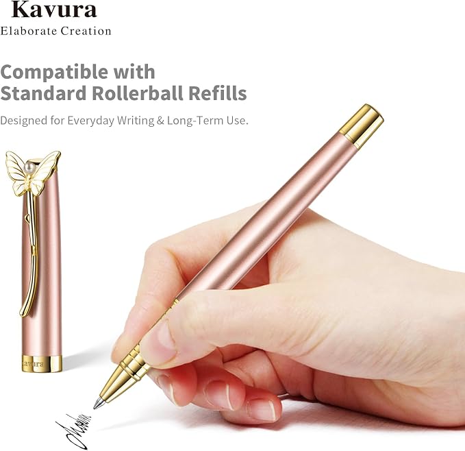 Butterfly & Pearl Rollerball Pen – Elegant Brass Pen Gift Set for Women, Jewelry-Inspired Design, Glossy Finish, with German Refill, Gift for Her, Graduation & New Beginnings (Rose Gold)
