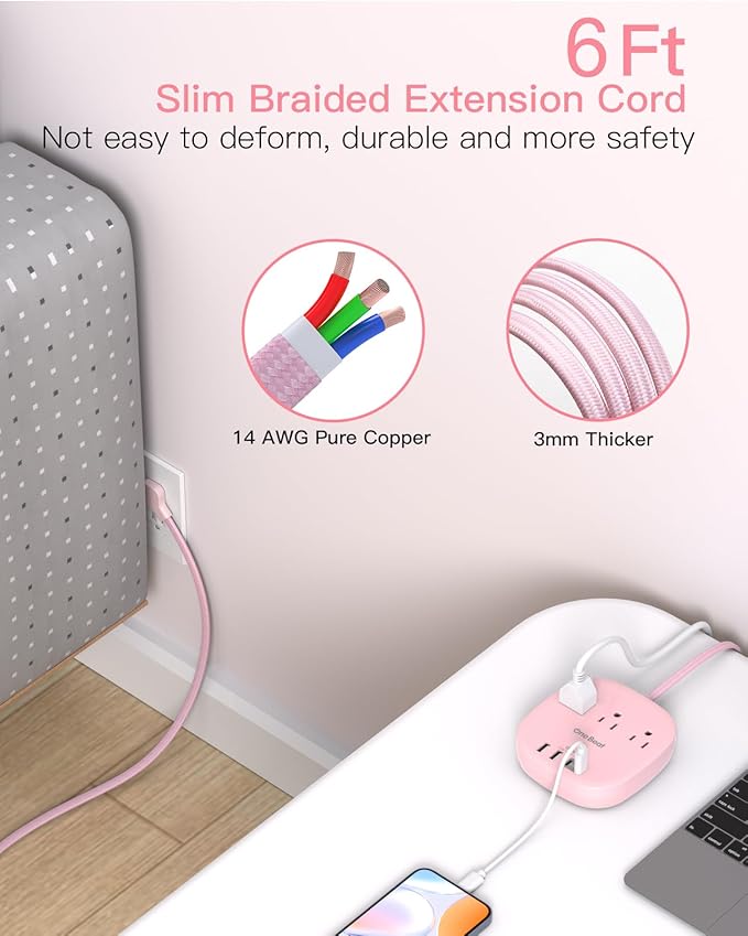 Flat Plug Power Strip, 6ft Pink Flat Extension Cord - 3 Outlets 4 USB Ports (2 USB C) 22.5W/4.5A Desktop Charging Station, Power Strip No Surge Protection for Cruise Ship, Dorm Room Travel Essentials