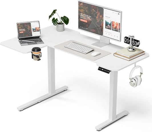Acrolix L Shaped Electric Standing Desk - 43x31.5 Inch Reversible Corner Sit Stand Desk with Hook&Cup Holder,Electric Height Adjustable Table,for Small Home Office&Bedroom Computer Desk, White