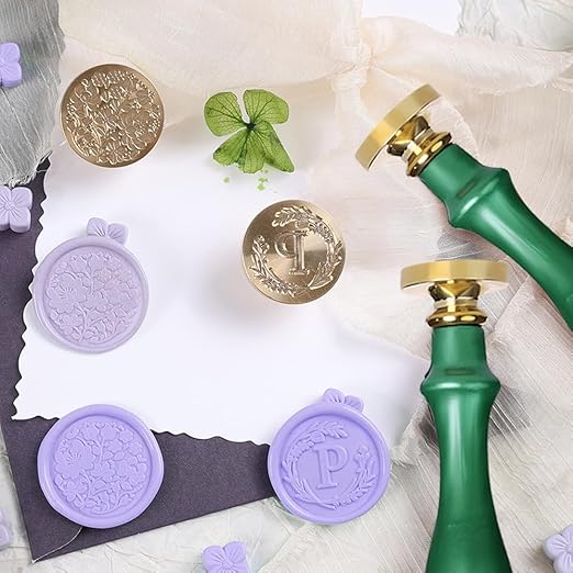 Elegant Initial P Wax Seal Kit,2pcs Exquisite Brass Stamp Heads with Eucalyptus & Flower Designs Ideal for Wedding Invitations Gift Wraps Envelopes and Christmas Cards (Alphabet P Kit)