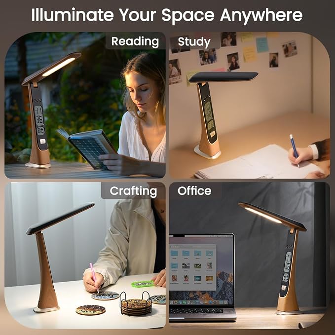 WILIT Rechargeable Lamps Cordless Table Lamp, Foldable Portable Desk Lamp - LED Battery Operated Lights with Stepless Brightness&Time Display for Office Lamp, Book Lights, College Dorm Essentials
