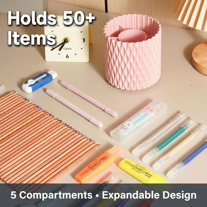 Pink Pen Holder for Desk, 360° Rotating Pencil Organizer, 5 Slots | Spinning multi-use organizer holds pens, makeup brushes, art supplies & markers — desk caddy for office, classroom or vanity