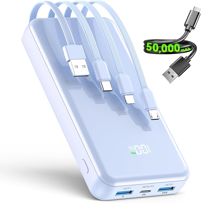 Portable Charger,50000mAh Power Bank Built-in Cable, 22.5W PD USB C In & Out Fast Charging, External Battery Pack with 6 Output & 2 Input, Travel Phone Charger for iPhone 17/16/15/14/13/12(Azure)