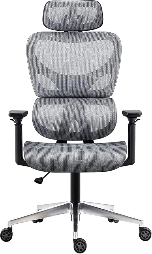Nouhaus Ergo3D Ergonomic Office Chair Grey | Dynamic Lumbar Support, Mesh High Back, 4D Armrests, Adjustable Headrest, Aluminum Base, BIFMA, SGS, 2 Sets of Wheels