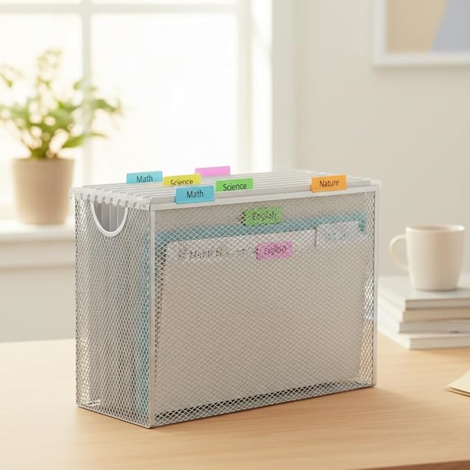 Hanging File Organizer, Letter-Size File Holder Filing Box with 5 Hanging Folders, Metal Mesh Desk File Folder Storage(No Assembly Required) (Silver, with 5 Grey Folders)