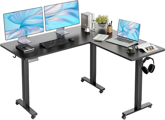 Claiks L Shaped Standing Desk Dual Motor 63x55 inch Adjustable Height Black | Height 28.5-47.2 inch, 220lbs capacity, sturdy steel frame, splice board included, ideal for home office corner