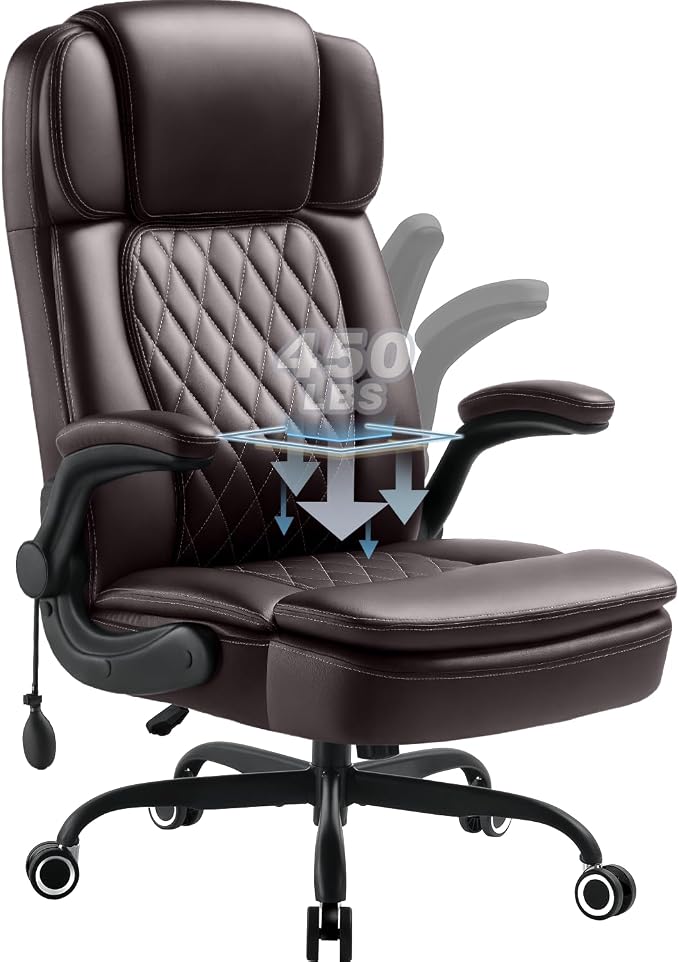 450LBS Big and Tall Executive Office Chair with Flip up Arm,Heavy Duty PU Leather Computer Desk Chair,Comfortable High Back Swivel Home Office Chair with Rolling for Adults,Spring Cushion,Metal Base