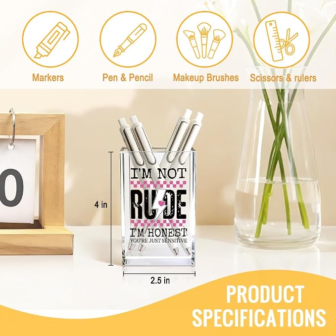 I'm Not Rude I'm Honest Acrylic Cosmetic Pencil Pen Holder Cup, Self-Care Empowerment Gifts for Mom Grandma Aunt Daughter Women, Humorous Saying Gifts for Colleague Coworker Boss Leader Lady