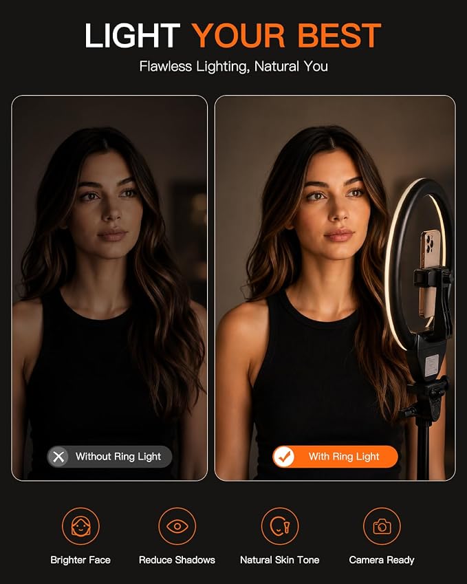 Sensyne Ring Light with Stand, 50" Phone Tripod for iPhone & Android, LED Ring Light with Remote, 3 Color Modes & 10 Brightness Levels for TikTok, Zoom & Video Recording