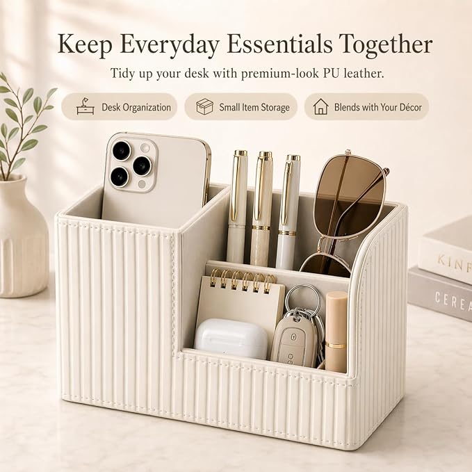 KINGFOM Desk Pen Organizer Office Supplies Caddy Pu Leather Multi-function Storage Box Pen/Pencil,Cell phone, Business Name Cards Remote Control Holder (Ivory White)