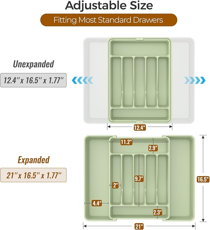 ukeetap Extra Large Expandable Silverware Organizer, BPA-Free Food-Safe Cutlery Flatware Organizer, Kitchen Utensil Drawer Organizer, Adjustable Silverware Holder for Spoons Forks Knives, Green