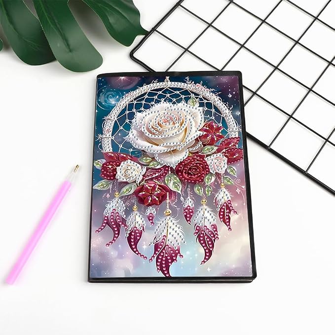FRANDEK A5 50-Page DIY Diamond Art Painting Notebook with Beautiful Patterns, Special Shaped Diamond Art Craft for Beginners Adults Gift(Rose Dream Catcher)