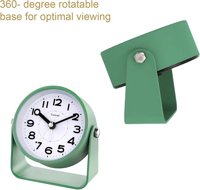 Tinload Analog Alarm Clock for Bedroom, Silent Non-Ticking Quartz Movement, Battery Operated with Snooze & On-Demand Light, Bedside Desk Table Clock, Ideal for Home, Office (Green)