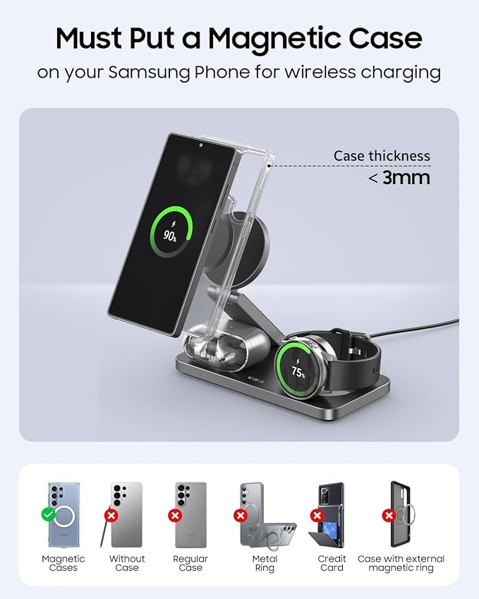 3 in 1 Foldable Magnetic Wireless Charging Station for Samsung, Wireless Charger Stand for Galaxy S26 Ultra S25/S24 /Note 20/Flip 7/Fold 7, for Galaxy Watch Ultra/8/7/6,Galaxy Buds 3/3 Pro