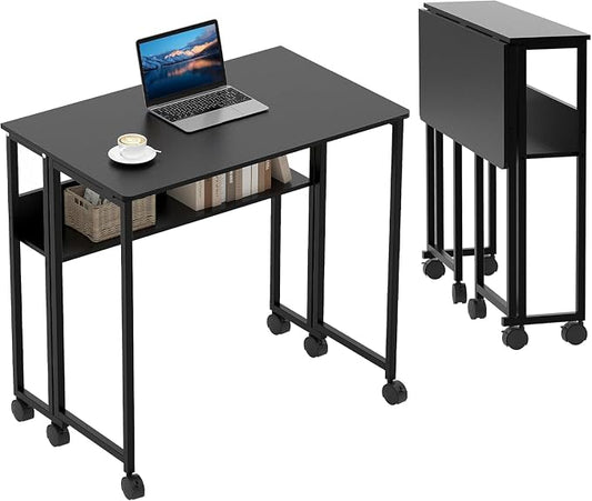 31.5" Folding Desk Rolling Desk with Storage Shelf,Space-Saving Foldable Computer Desk with Wheels,Portable Mobile Couch Sofa Side Table for Small Spaces, Home Office, Study, Easy Assembly,black