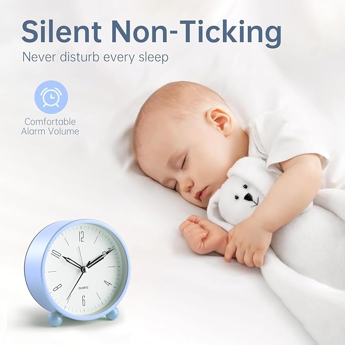 Analog Alarm Clock, 4 inch Super Silent Non Ticking Small Clock with Night Light, Battery Operated, Simple Design, Old fashioned Style SkyBlue decor, for Bedroom, Bedside, Desk, Adult, Gift, Blue