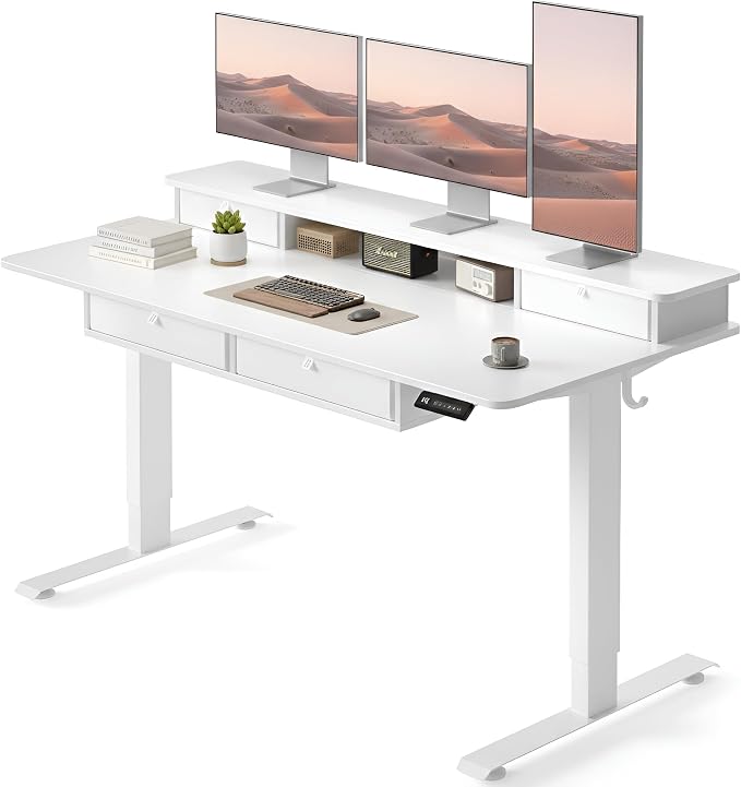CubiCubi 55" x 30" Standing Desk with Drawers, Height Adjustable Electric Workstation, Computer Sit Stand Up Table with Large Storage Shelf 4 Drawers and 2 Hooks, White