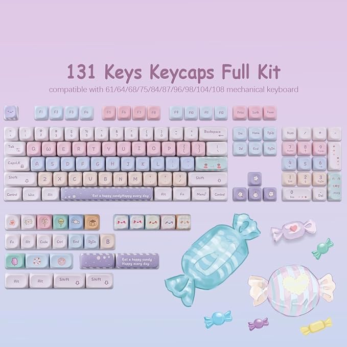 Tsungup PBT MOA Keycaps,Purple Cute Candy Custom Keycaps 60 65 75 Percent | 135 Keys Dye-Sub Key Caps Keyboard Keycap Set for ANSI Layout,MX Swithes Mechanical Keyboard