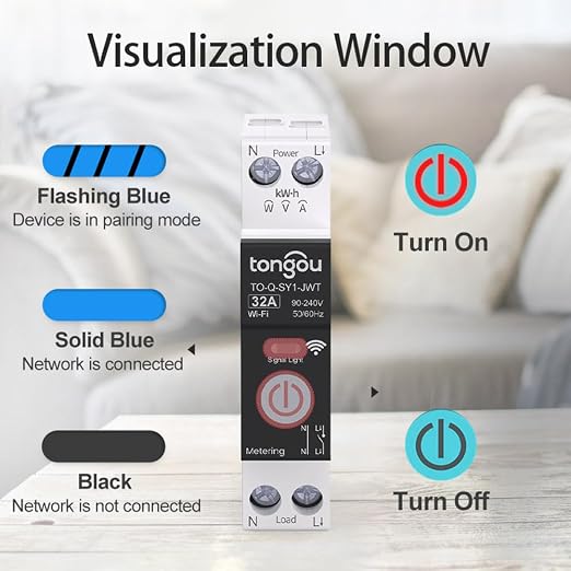 TONGOU DIY 1P+N Smart Wi-Fi Switch, Work with Alexa and Google Assistant for Voice Control, 32A with Energy Monitor, Smart Life/Tuya APP Remote Control, Timer Functions, DIN Rail Mounted,FCC Certified