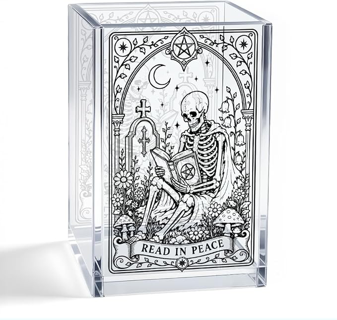 Read In Peace Acrylic Pen Holder, Gothic Skeleton Reading Book Desk Pencil Cup Organizer, Book Lover Office Desk Accessory, Halloween Bookworm Gifts for Women Librarian Reader Book Lover